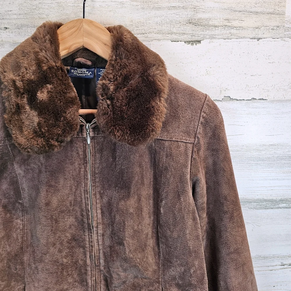 Vintage Brown Suede Leather Jacket M Faux Fur Collar Y2K Quiet Luxury Equestrian - Picture 8 of 12